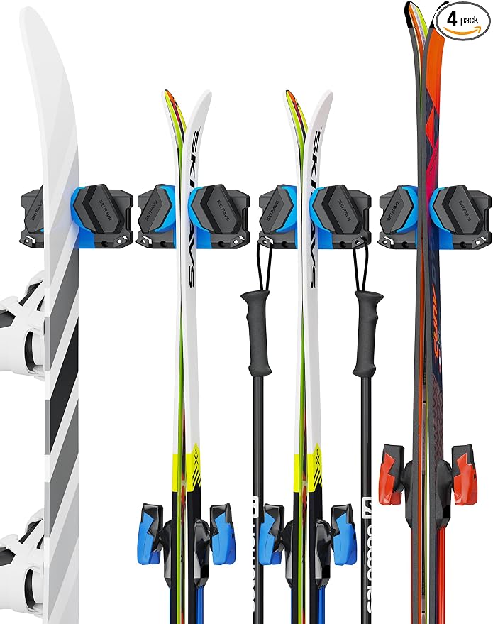 Skifavs Ski & Snowboard Wall Rack, Ski Wall Mount & Ski Rack Wall Mount for Garage Space-Saving, Winter Gear Organizer, Fits Any Ski or Snowboard, Nonslip Ski Holders, Garage Organization, 4 Pack