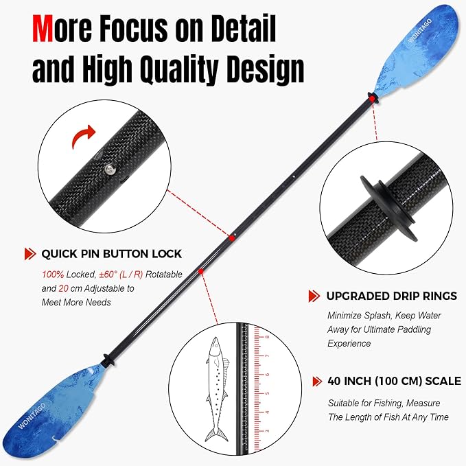 Angler Kayak Paddle Carbon Fiber Shaft and Plastic Blade, Floating Adjustable Fihsing Kayak Oar with Paddle Leash, 230-250cm/90-98 inch