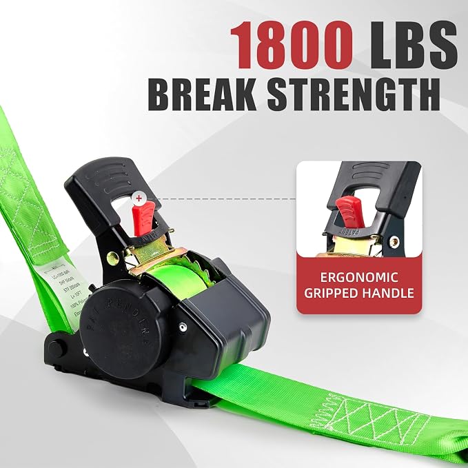 Self-Retracting Ratchet Tie Down Straps 1800 lbs, 1in × 10ft Retractable Cargo Straps with Zinc S-Hooks, Auto Rewind Tie Downs for Trucks, Utility Trailers & Roof Racks, 2 Pack, Green, Damped Rewind