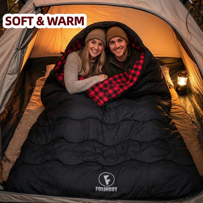 0 Degree Flannel Double Sleeping Bag for Adults, Couples or Family - Winter Queen Size Waterproof & Warm 2-Person Sleeping Bag for Cold Weather Camping, RV Travel