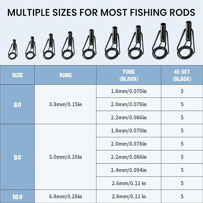 9KM DWLIFE Fishing Rod Tip Repair Kit, Black Stainless Steel, Wear Resistant Ceramic Ring, Guide Replacement 25/35/45/60/65pcs