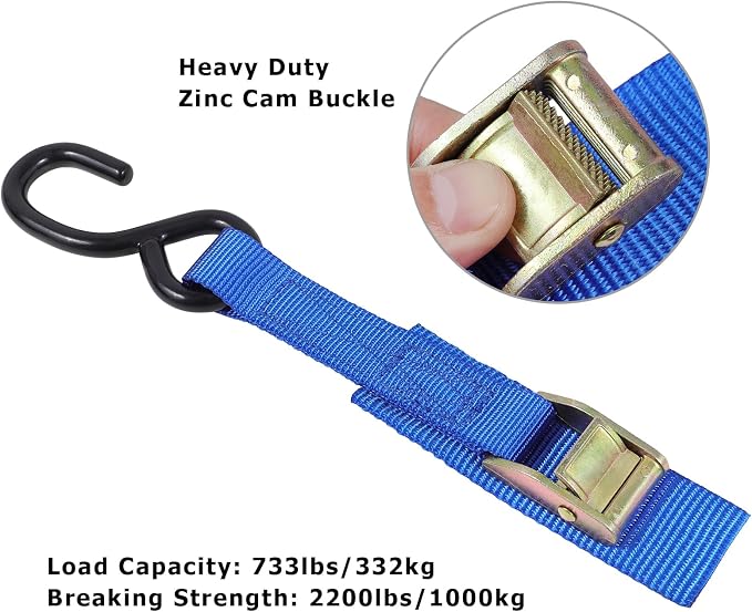Ayaport Cam Buckle Tie Down Straps 10 feet 2200lbs Break Strength Blue Securing Straps with S Hooks for Motorcycle, Kayak, Car, Truck, Dirt Bike