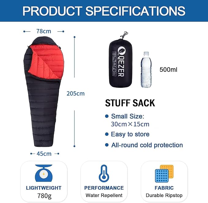 Ultralight Down Sleeping Bag for Adults with 600 Fill Power, Compact All Seasons Sleeping Bag for Backpacking, Hiking and Camping