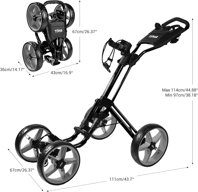 Tivor Lightweight Golf Push cart 4 Wheel Foldable Golf Trolley for Adults and Junior with Ergonomic Adjustable Handle, Scorecard Holder, Umbrella Mount, Foot Brake, All-Terrain Wheels