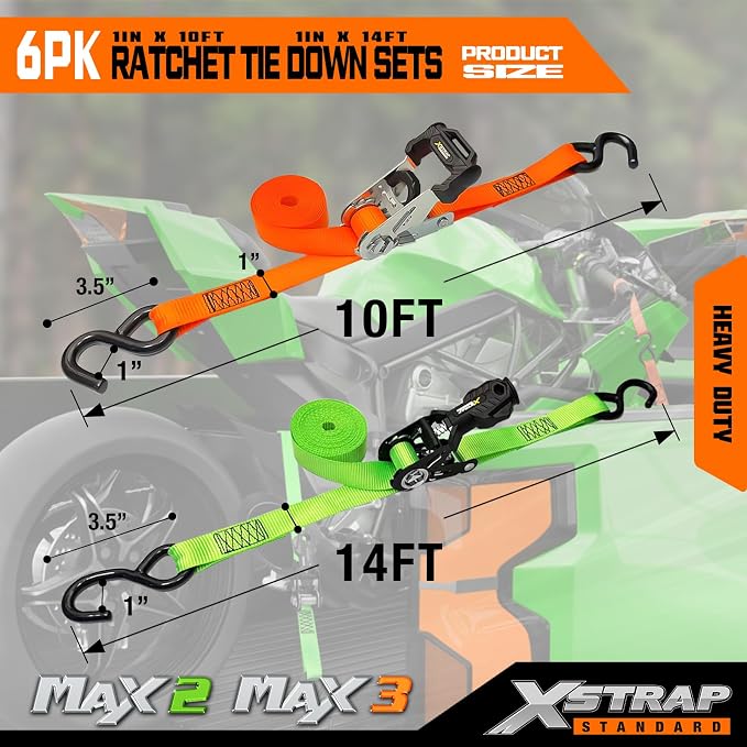 XSTRAP STANDARD 6-Pack Ratchet Tie Down Straps Set - 1 Inch 4 x 14ft & 2 x 10ft Tie-Down, 3300 lbs Break Strength Heavy Duty Cargo Straps with Coated S-Hooks for Moving, Motorcycle, Truck, Trailer
