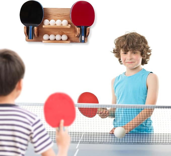 Ping Pong Paddle Storage Rack, Ping Pong Accessories Organizer Wall-Mount for 6 Paddles, 6 Pickleball Paddles and Balls, Pine Wood Table Tennis Racket Display for Game Room Bar Office Home