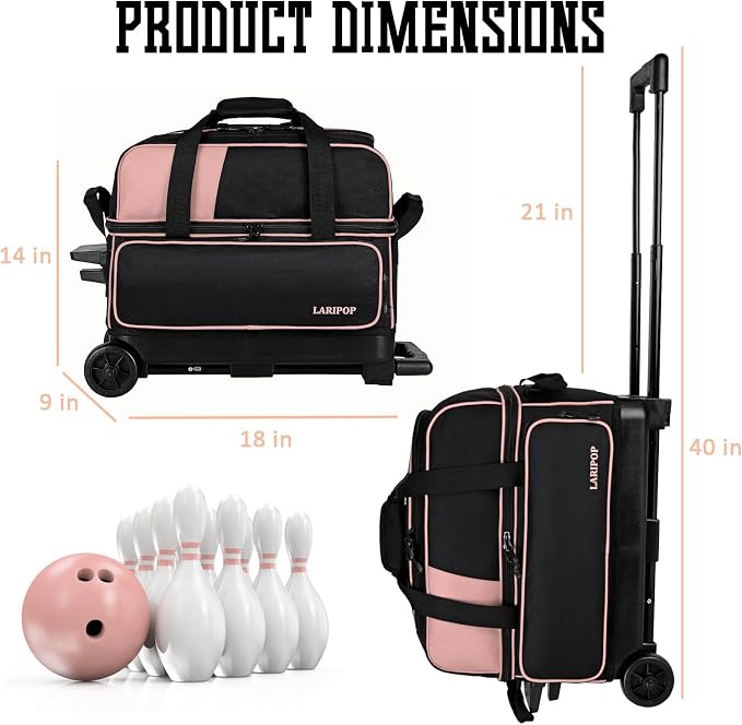 LARIPOP 2 Ball Bowling Roller Bag, Wheeled Bag with Shoe Compartment, Telescopic Handle & Padded Protection for Men Women