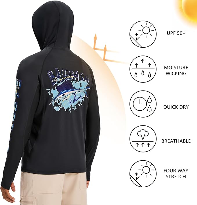 BASSDASH Men’s UPF 50+ Graphic Fishing Hoodie Shirts with Mask Pocket UV Long Sleeve Moisture Wicking FS47M