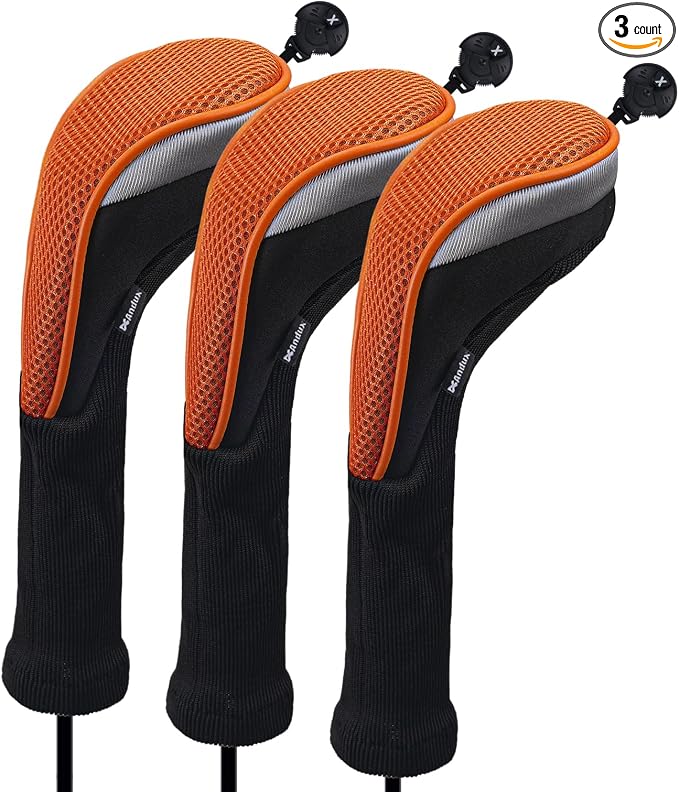 Andux 3pcs Long Neck Golf Hybrid Club Head Covers Dial No. Tag CTMT-02 | Mesh Breathable material | all the Same Size | Coloured Piping | Pull-On Closure