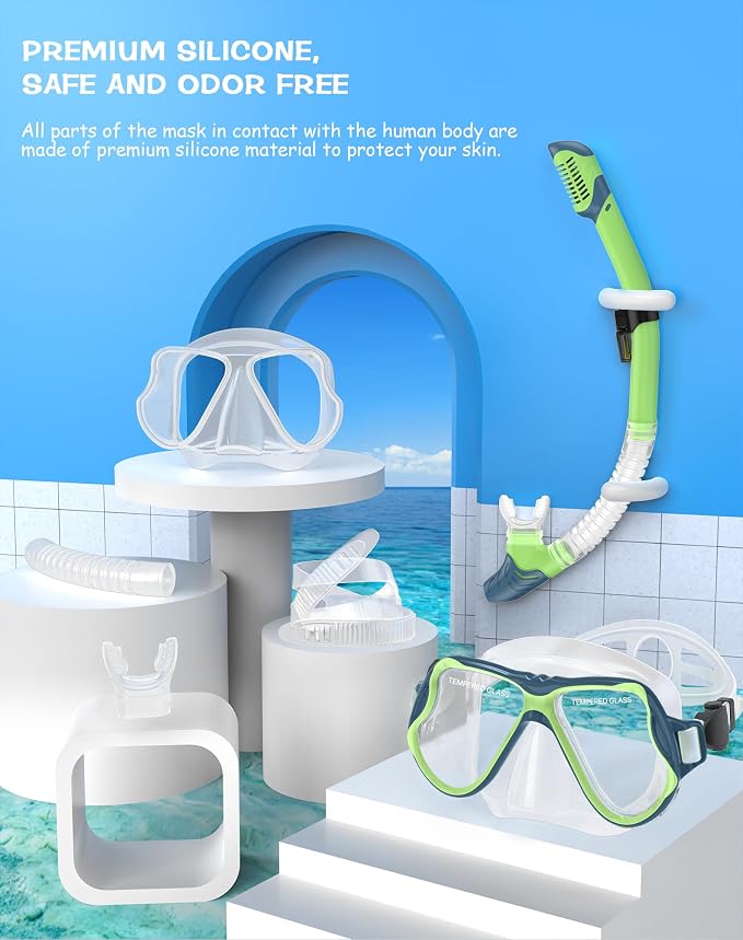 Greatever Snorkeling Gear for Adults, Dry Snorkel Set Panoramic View Snorkel Mask, Anti-Leak Anti-Fog Scuba Diving Swimming Mask with Adjustable Strap and Travel Mesh Bag