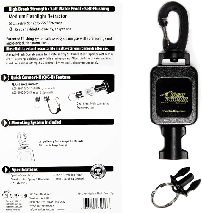 Gear Keeper Scuba Dive Light & Underwater Camera Retractor - Retractable Tether to Keep Scuba Gear Secure & Accessible - Snap Clip Mount & QC-II Split Ring - Scuba Diving Accessories - Made in USA