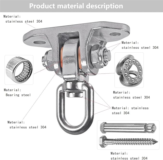 Heavy Duty Swing Hanger Stainless Steel 304 Antirust,1200 lb Capacity 360° Silent Rotation, Playground Porch Swing Set Indoor Outdoor, Patent Design