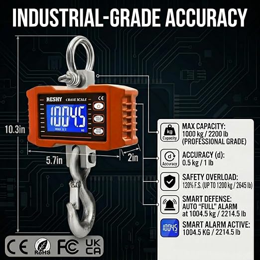 RESHY Digital Crane Scale 2200lb/1000Kg Digital Hanging Scale Industrial Heavy Duty Crane Scale for Farm,Deer,Livestock,Factory,Construction,Hunting CE Certified