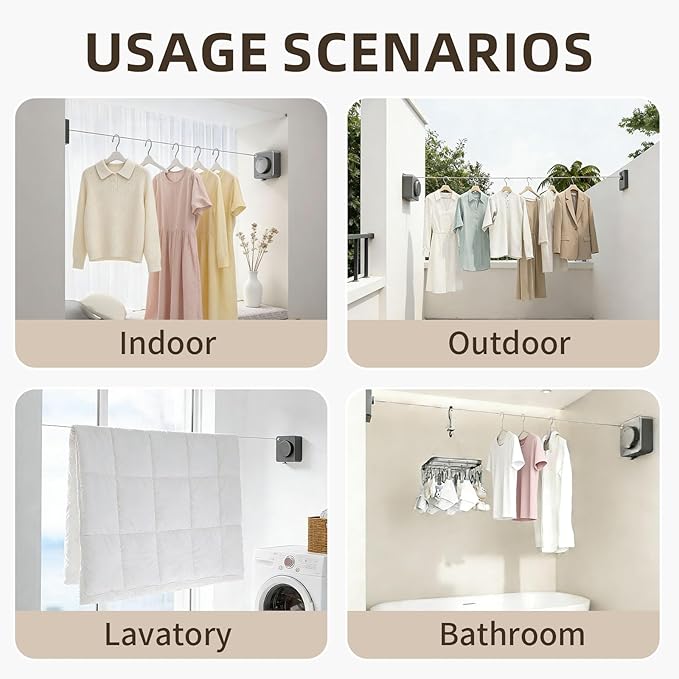 Anti-Sag Retractable Clothesline 40LB Capacity - 201in Stainless Steel Laundry Line for Indoor Outdoor, Wall Mounted Space Saving Easy Install (Gray, Single line)