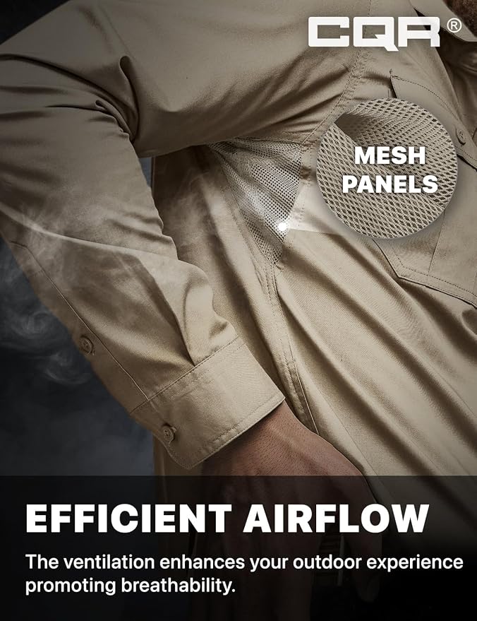 CQR Men's Long Sleeve Tactical Shirts, Ripstop Military Work Shirts, UPF 50+ Breathable Button Down Outdoor Hiking Shirt
