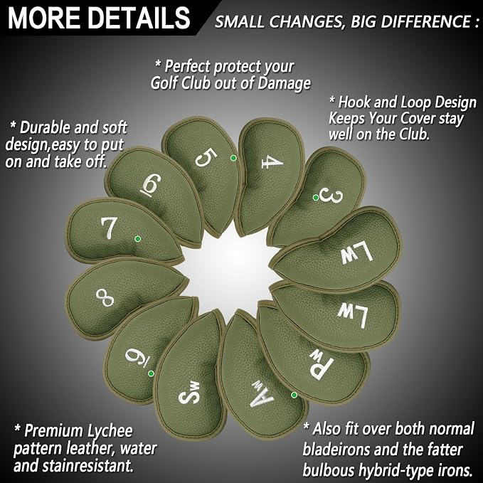 FINGER TEN Premium Synthetic Leather Stylish Iron & Wedge Golf Head Covers Value 12 Piece Set, Embroidered Labels & Fits Most Clubs Gift Set, Travel Protection Accessories
