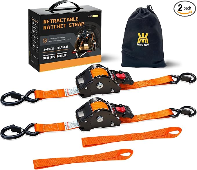 Retractable Ratchet Straps (2-Pack) - 1'' x 11.5' (1,800lb Break Strength) - Heavy Duty Auto Self Retracting Tie Down Straps for Truck, Cargo Trailer, Motorcycle, Rad & More - Orange