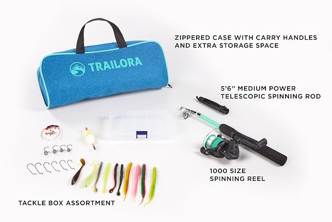 Fishing Kit with Rod, Pre-Spooled Reel, Tackle, Hooks, Zip Carry Case - Camping/Hiking/Kayaking/Boat/RV/Car/Cabin/Cottage