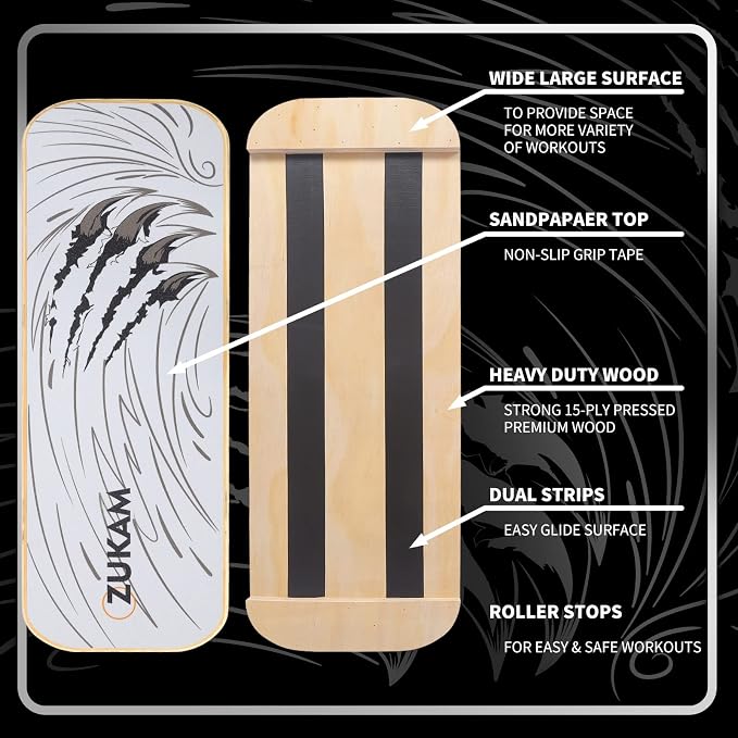Balance Board Trainer, Wooden Balancing Board with Workout Guide to Exercise and Build Core Stability, Wobble Board for Skateboard, Hockey, Snowboard & Surf Training