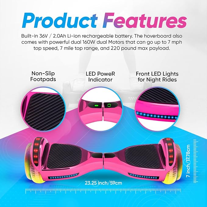 6.5” Hoverboard for Kids Ages 6-12, Bluetooth Hoover Board with Tunnel Light Style Wheels & Non-Slip Footpads, UL2272 Safety Certified