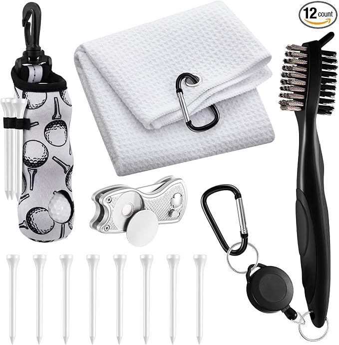 Liliful 12 Pcs Golf Accessories Kit, Include Golf Ball Bag with Hook Towel Tees Magnetic Ball Marker Divot Tool Cleaner Brush for Women Man Gifts