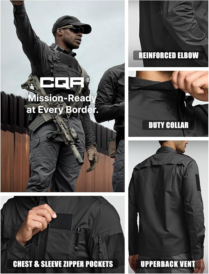 CQR Men's Long Sleeve Tactical Shirts, Ripstop Military Work Shirts, UPF 50+ Breathable Button Down Outdoor Hiking Shirt