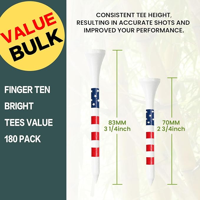FINGER TEN Premium Bamboo Wood Golf Tees Unique Box Design 18-Pack Per Box Value 18/72/180 Pack, Wooden Tees in 2 3/4" 3 1/4" Durable for Golfers, USA Flag Design Pro Tee Choice