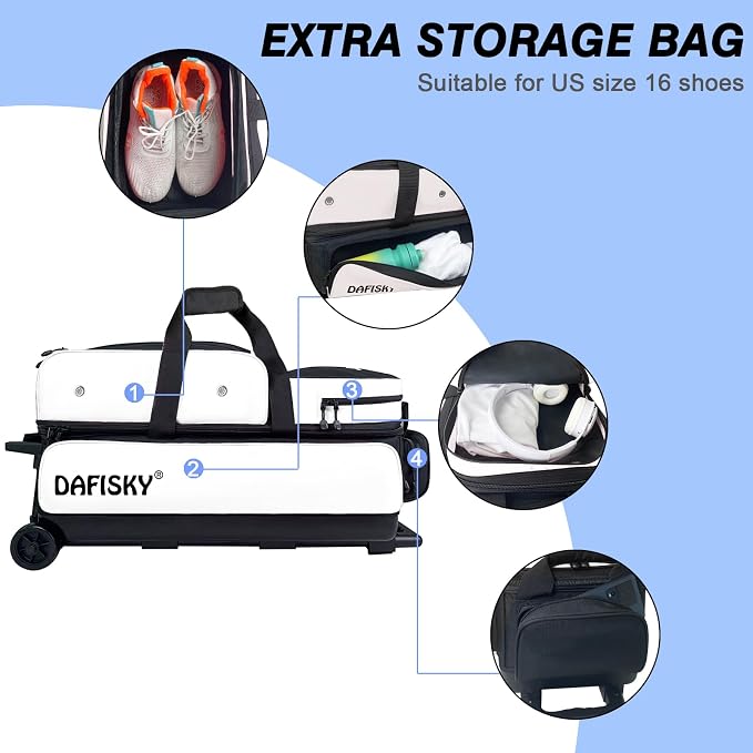 DAFISKY 3 Ball Bowling Bags with Wheels, Roller Bowling Bag with Multiple Pockets Retractable Handle Extends to 38‘’