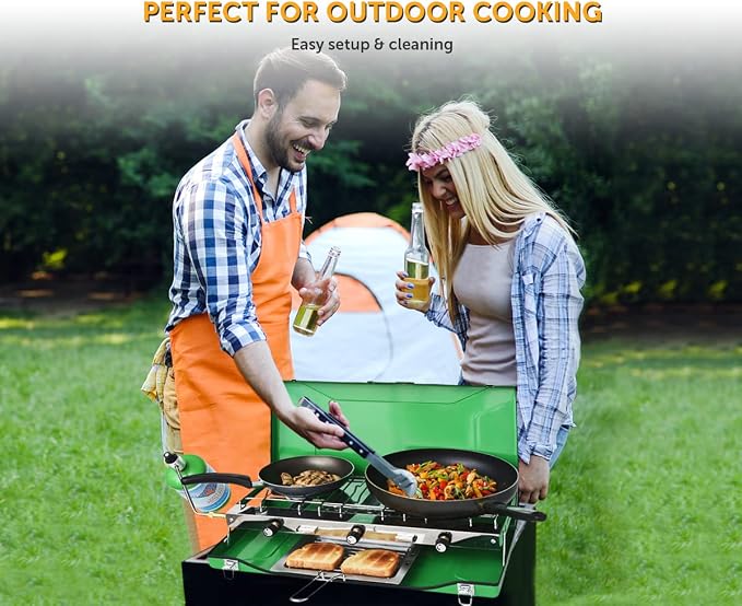 Flame King YSNBBQ-136M 3-Burner Portable Camping Stove Grill w/Toast Tray, Great for Outdoor Cooking, Backpacking, Hiking, & Emergency, Compatible with 1LB Propane Gas Bottle