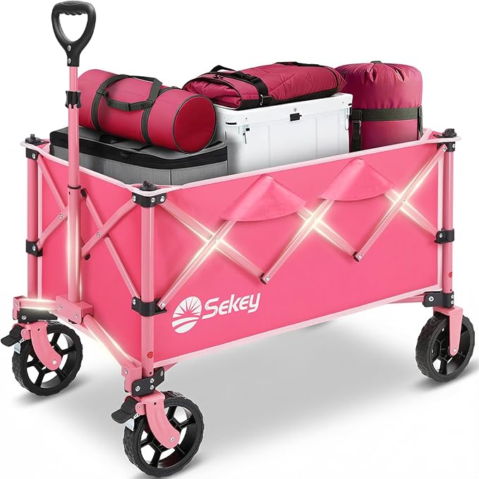 Sekey Collapsible Foldable Wagon with 330lbs Weight Capacity, Heavy Duty Folding Wagon Cart with Big All-Terrain Wheels & Drink Holders. Pink