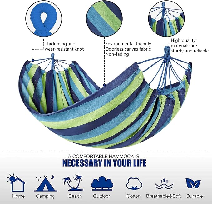 Cotton Canvas Hammock, Comfortable Fabric Camping Hammock with Tree Straps, Up to 440lbs with Travel Bag for Camping Outdoor/Indoor Patio Backyard(Blue, Without bar)