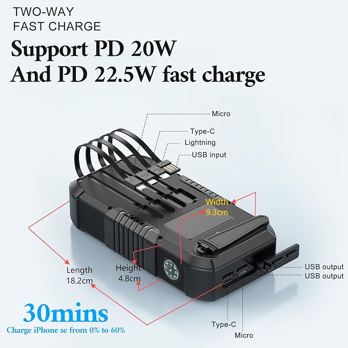 Solar Power Bank 66800mAh Built in Hand Crank and 4 Cables 22.5W Fast Charge, Camping Essentials with SOS/Strobe/Strong Flashlights, Compass Portable Charger (Black)