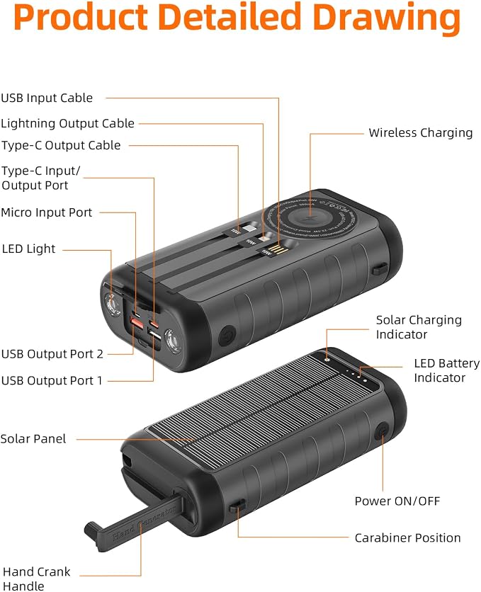 Solar Charger Power Bank 59800mAh, 15W Wireless Charging Compatible with iPhone Samsung Apple Watch, Outdoor Battery Pack, 3 Built in Cables & Hand Crank, Dual LED Flashlight for Camping Hiking Travel