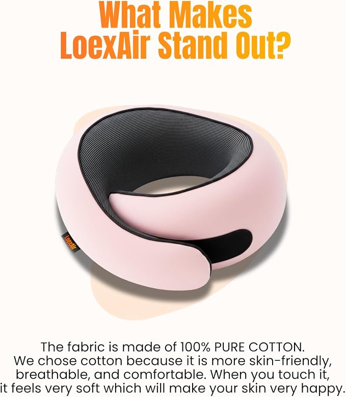 LOEXAIR™ Travel Pillow, Neck Pillow Travel for Airplane, Car - 100% Cotton Fabric & Memory Foam Plane Pillow, Lightweight & Easy-to-Carry on Flight, Full Travel Set (Eye Mask, Earplugs) - Sakura Pink