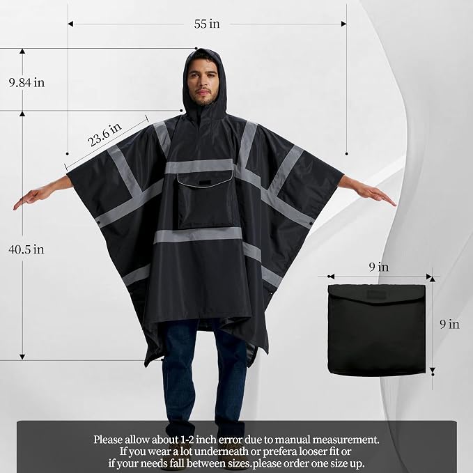 SRsafety Hi Vis Rain Poncho,High Visibility Rain Ponchos for Adults with Pocket,Safety Rain Jacket Stowable Conjoined Cap