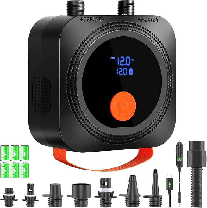 Electric Paddle Board Pump, 12000mAh Rechargeable SUP Pump 22PSI High Pressure with 12V DC Car Adapter, Dual-Stage Inflation&Deflation, Portable Air Pump with 7 Nozzles for SUP, Inflatable Kayak, Boat