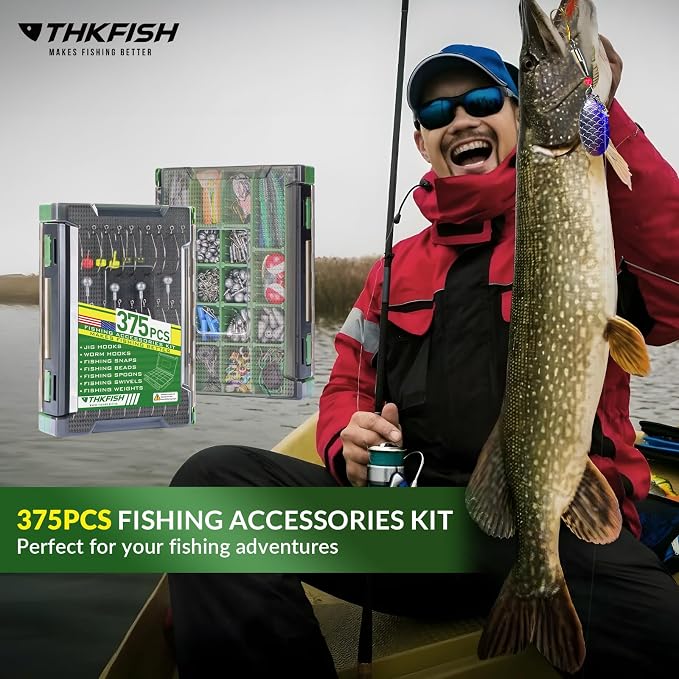 THKFISH 375pcs Fishing Accessories Kit, Double sided Organized Fishing Tackle Box with Tackle Included Hooks, Weights Sinkers, Bass Fishing Gear Gifts