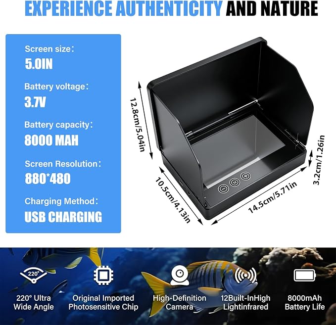 Underwater Fishing Camera, 5.0 Inch Fish Finder Depth Finder, Portable Fishfinder with 800 * 480 HD Display, 100FT/Waterproof IP68, for Kayak/Boat/Ice Fishing, Includes Transducer & Mounting Kit
