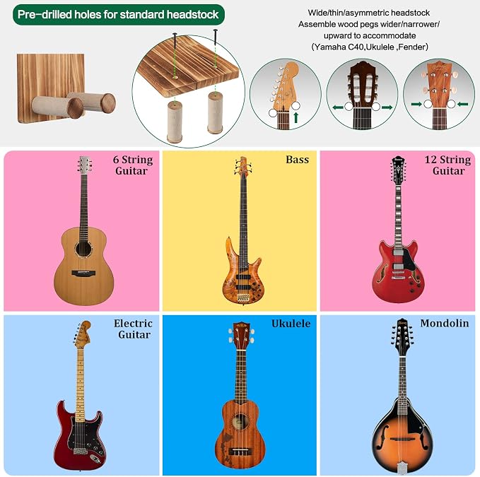 Keebofly Guitar Wall Hanger,2 Pack Guitar Wall Mount Holder Guitar Hanger Shelf with Pick Holder Solid Pine Wood Guitar Rack for Acoustic or Electric Guitar,Ukulele,Bass,Mandolin Brown，[Patented]