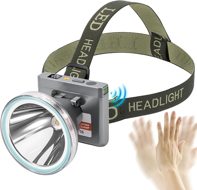 Super Lightweight Ultra-Thin Polymer Battery LED Headlamp with Motion Sensor, Battery Level Display, 5 Modes High Brightness Waterproof, Perfect for Camping, Hiking, Fishing (YK-316 White Light)