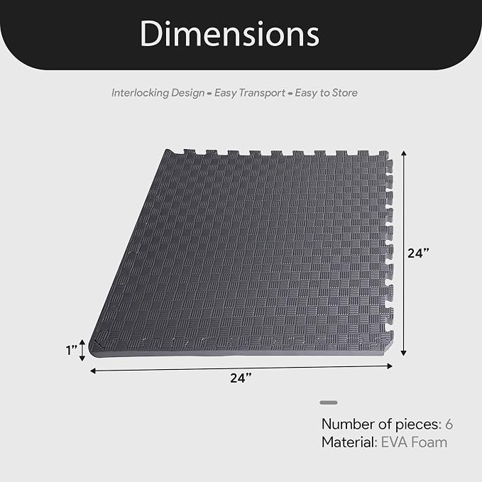 BalanceFrom Puzzle Exercise Mat 1" Thick, EVA Interlocking Foam Floor Tiles for Home Gym, Mat for Home Workout Equipment, Floor Padding for Kids, Gray, 24 in x 24 in x 1 in, 24 Sq Ft - 6 Tiles