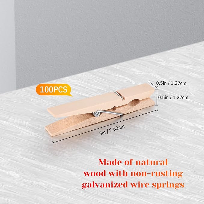 Clothes Pins Bag Holder Laundry Canvas Clothespin Bag with Hanging Hook, 100 Pieces 2.8 x 0.4 Inch Large Wooden Clips Wood Clothespins with Spring for Line-Drying