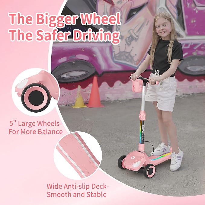 Electric Scooter for Kids with 3 LED Lighted Wheels, Adjustable Height & Lean-to-Steer, Anti-Slip Deck with Lights, Easy-Fold Mechanism, Balance Scooter for Kids,Toddlers