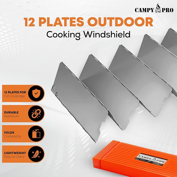 Silver Camping Stove Windscreen, 12-Plates Premium Aluminum Wind Guard Shield, Foldable Portable Design with Storage Box, Heavy-Duty, Butane Burner Windshield for Outdoor Cooking