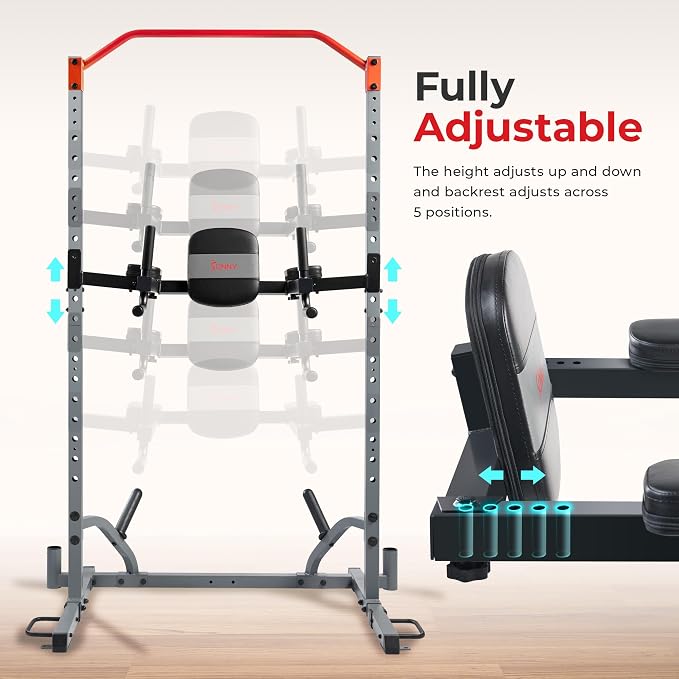 Sunny Health & Fitness Power Cage Squat Rack Upgrade Attachments, Dip Bar, Plate Bar Holder, Belt Squat, J Hook, Lat, Adapter, U Ring, Pull Up Bar, Landmine, Captain's Chair, Tricep Rope For Home Gym