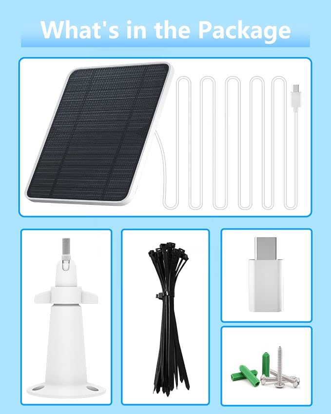 Solar Panel for Security Camera, 5W Solar Panel Charger Compatible with Eufycam 3/3C/2/2 Pro/2C/2C Pro/E/E20/E40/L20/L40/Solo/SoloCam Spotlight, Micro USB&USB-C Port IP65 Waterproof 10ft Cable, 1 Pack