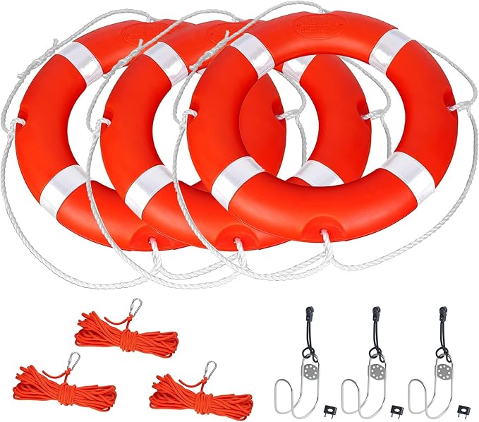 Life Ring for Boating Safety - 23" and 28" Boat Safety Throw Rings with Reflective Strip and Grab Lines