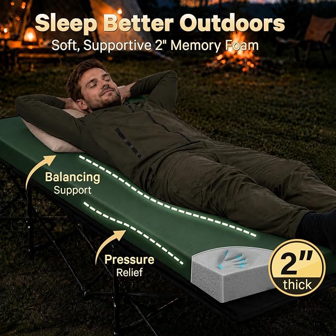 CYMULA Camping Cot Pad 2 Inch Memory Foam, Camping Pad for Folding Cot and Foldable Cot, Portable Roll Up Camp Gear for Car Camping Travel Tent, Non-Slip Waterproof Bottom, Removable Cover, Pad Only
