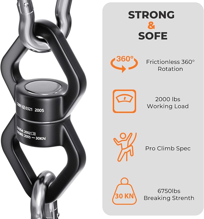 Swing Swivel, YARKOR Safety Rotational Device Hanging Accessory, 30KN 360° Rotational Device for Web Tree Swing, Rock Climbing, Hanging Hammock, Aerial Dance