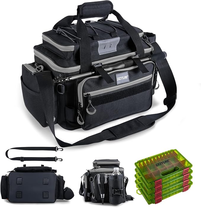 Goture Fishing Tackle Bag with 4PCS 3600 Tackle Boxes | 600D Water-Resistant, Rod Straps, Detachable Bottle Pouch,Waterproof Bottom, Freshwater & Saltwater Gear Storage Fishing Bag
